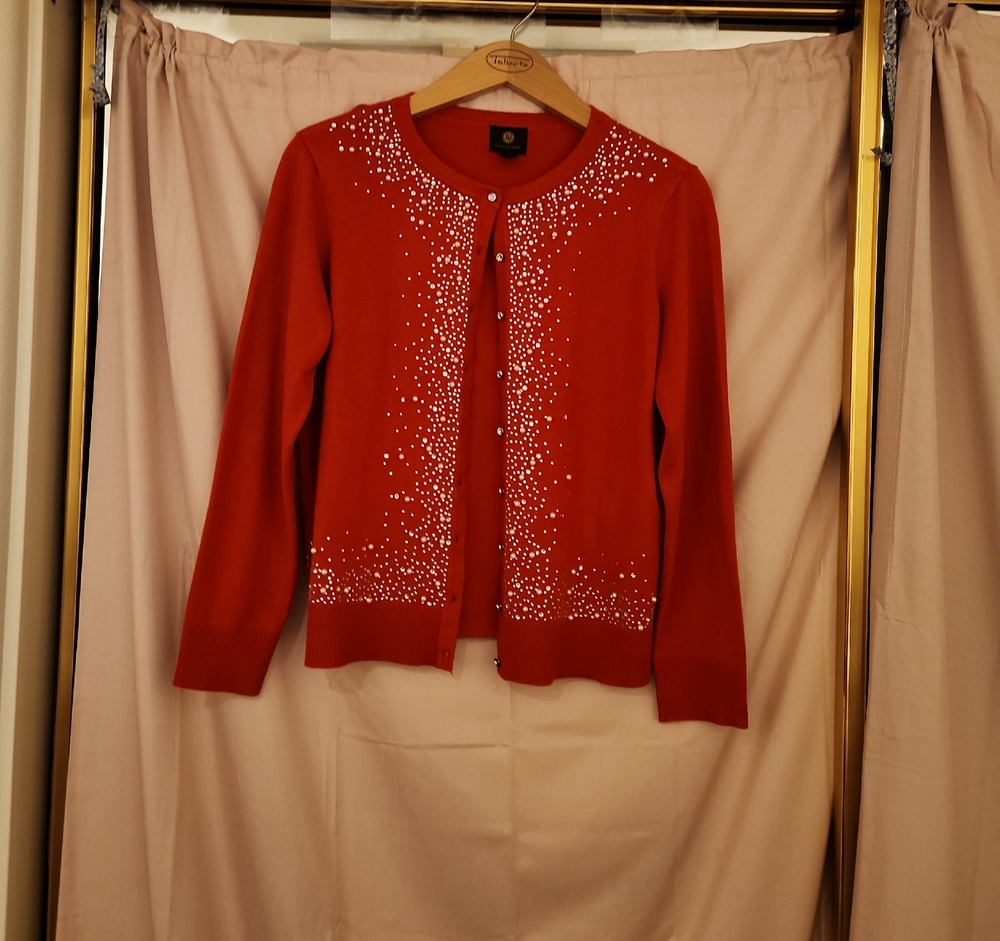 JM Collection Red Cardigan with White Accents
